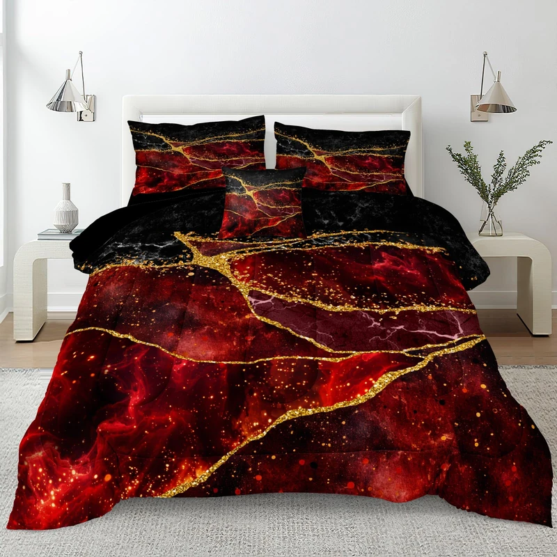 Red Black Comforter Set Black Gold Marble Bedding Set King Size Burgundy Dark Red Gothic Hippie Comforter Watercolor Retro Bedding Comforter