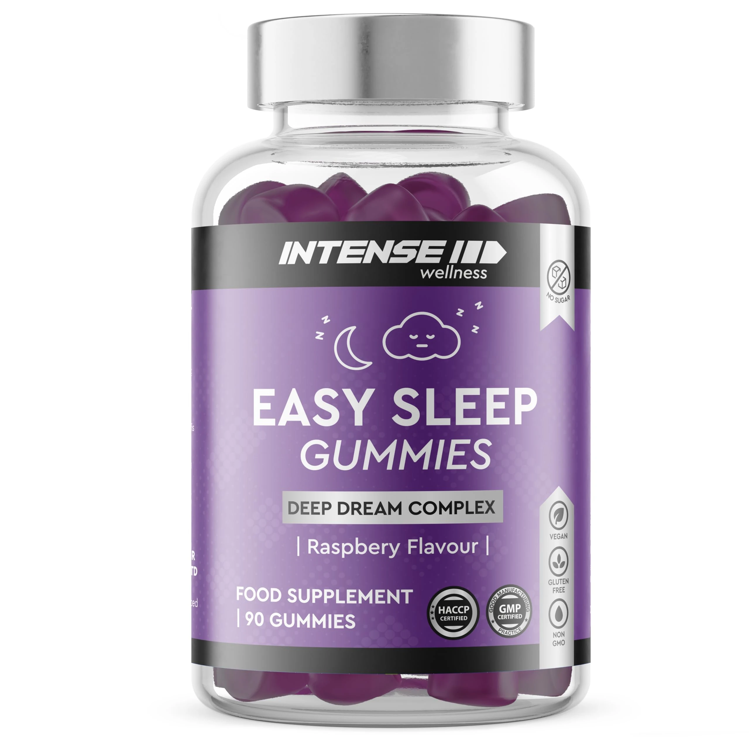 INTENSE Wellness 90 Easy Sleep Gummies – Natural Non-GMO/Vegan Herbal Sleep Gummies – Sugar Free Sleep Aid Dietary Supplements – Chewable Raspberry Flavoured