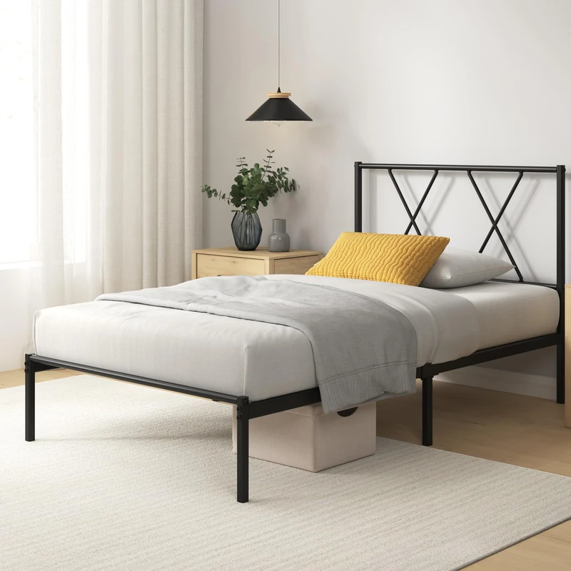 Zinus Elias Bed Frame 90 x 200 cm with Modern Headboard - Metal Bed 90 x 200 cm with Metal Slatted Frame - 30 cm High Platform with Free Space Below - No Box Spring Bed Required - Black