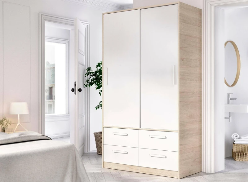 Dmora Barzena 2 Door Wardrobe, Bedroom Furniture, Storage Cabinet, Clothes Hanger, 120 x 60 x H 204 cm, White and Oak