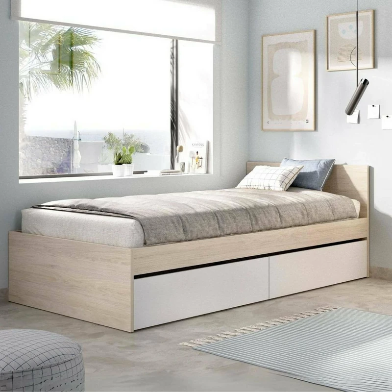 Dmora Castellino Single Bed, Structure of the Camp Bed, Sommier with Cover, Fabric Bed Frame, 96 x 195 x 67 cm, White and Oak