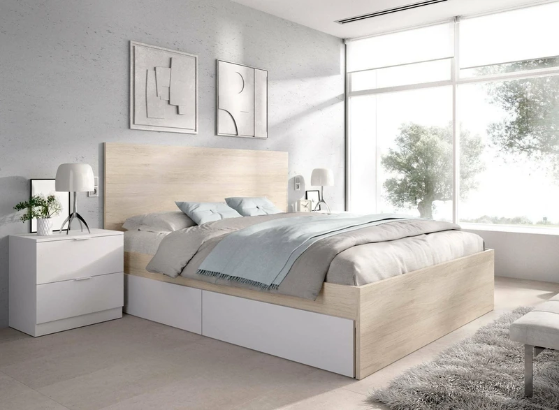 Dmora Conero Double Bed, Bed Base for Bedroom, Bedding by Room, Mattress Support, 249 x 195 x 100 cm, White and Light Oak