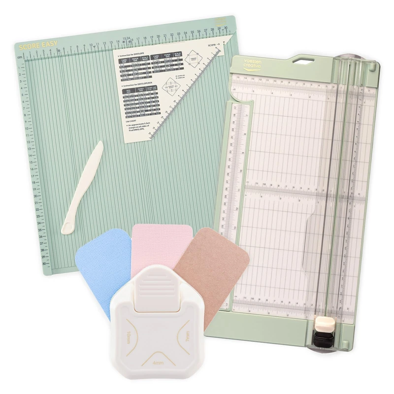 Vaessen Creative Paper Cutter 6 x 12" (15.2 x 30.5 cm), Scoring Board with Bone Folder 12 x 12" (30.5 x 30.5 cm) & 3-in-1 Corner Cutter (4, 7, 10 mm) – Kit for Gift Boxes, Card Making & Journaling