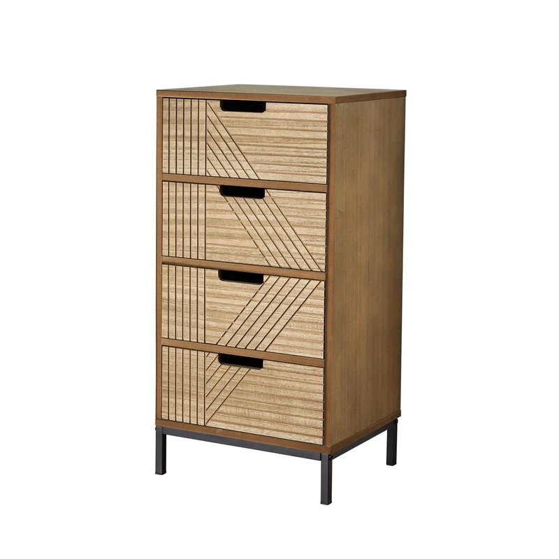 Home Source Chest of Drawers, Wooden Bedroom Storage Organiser, Geometric Paulownia Veneer, Metal Legs, 4 Drawer