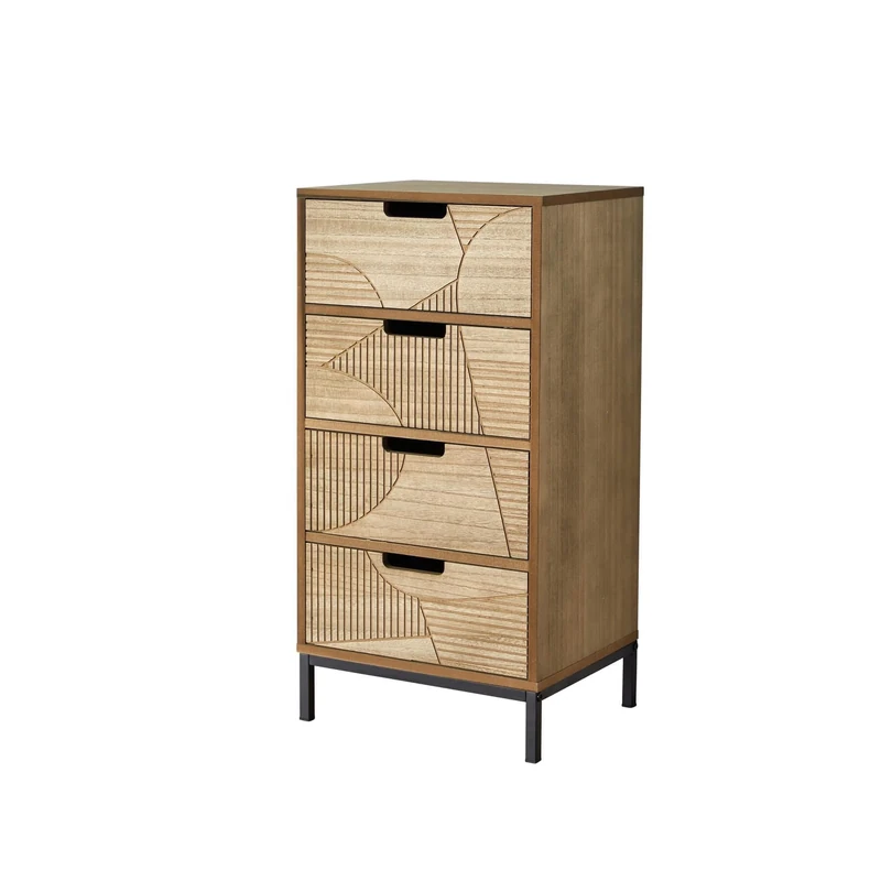 Home Source Chest of Drawers, Wooden Bedroom Storage Organiser, Geometric Paulownia Veneer, Metal Legs, 4 Drawer