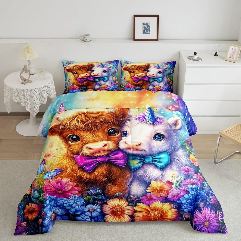 Highland Cattle Comforter Sets King,Western Cow Unicorn Bedding Comforter Sets,Watercolor Butterfly Flowers Leaves Quilt Sets for Kids Adult Bedroom Decor,Glitter Rainbow Tie Dye Duvet Insert