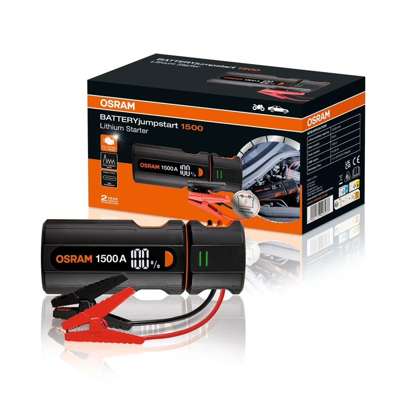 OSRAM BATTERYjumpstart 1500 Jump Starter Power Bank Lithium Jump Starter for 12V Vehicles with Up to 6.0L Petrol Engines and 3.0L Diesel