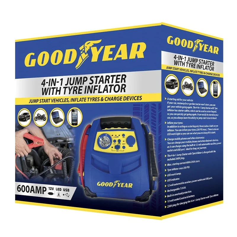 Goodyear 4-in-1 Jump Starter With Air Compressor | Portable Battery Pack, Led Light, And USB Power Bank| Powerful 1200a Peak Current, Ideal For Cars, Trucks, And Motorcycles | Versatile Emergency Tool