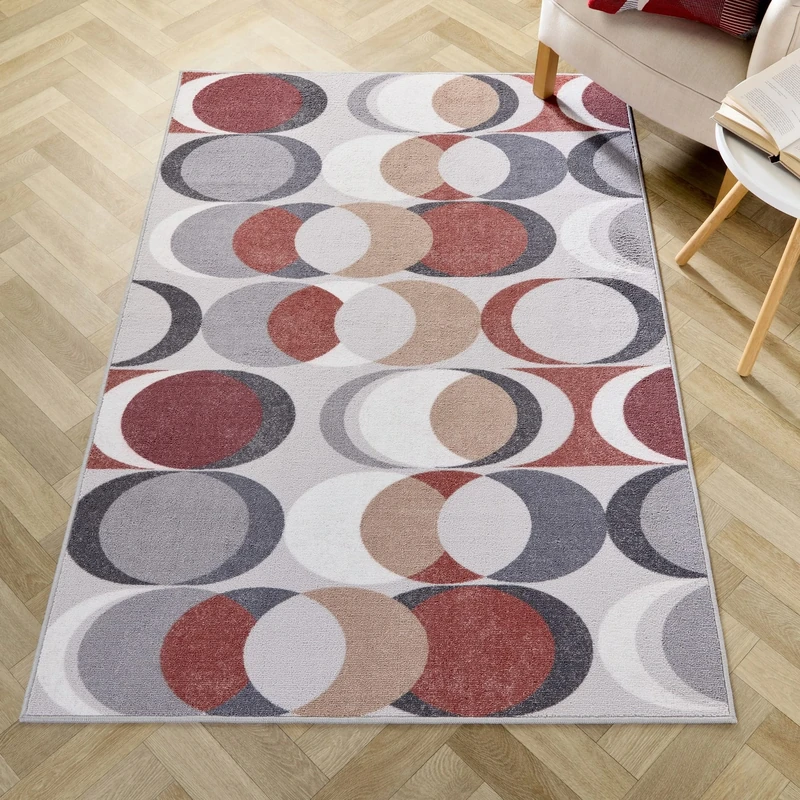 Fusion Orange Retro Rug - 180x120cm Low Pile, Hypoallergenic, Machine Washable, Geometric Shapes, Non-Slip for Living Room & Bedroom Decor