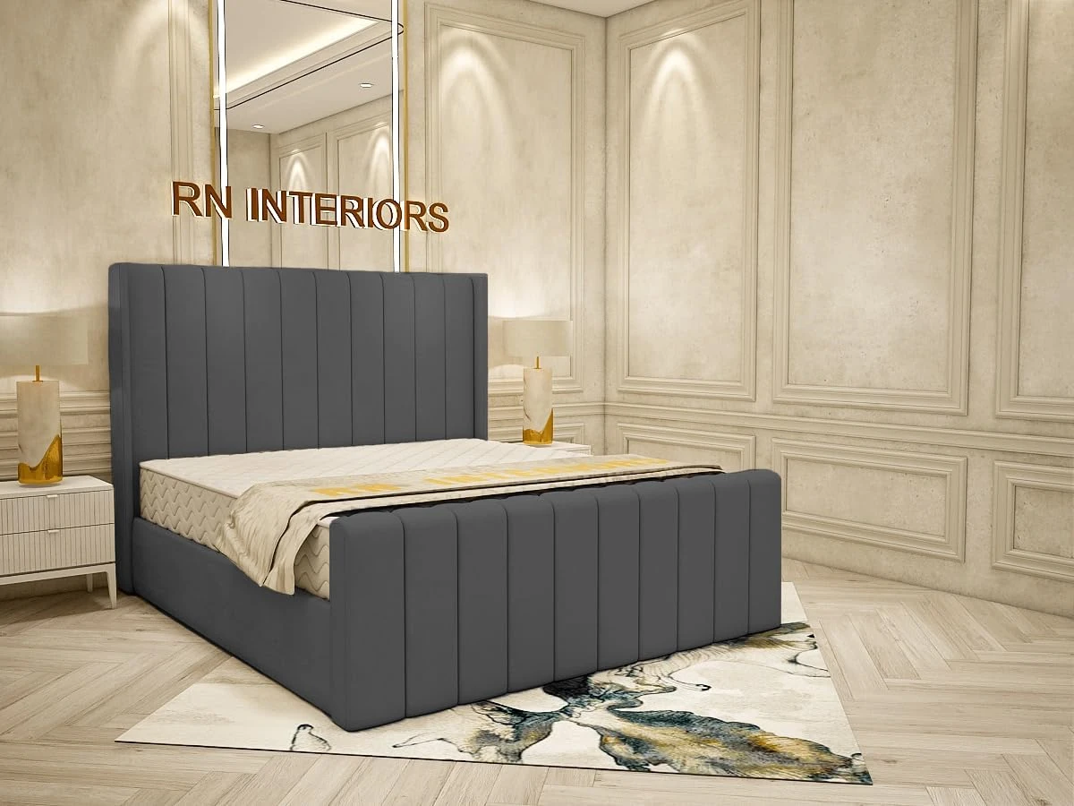 YB INTERIORS LTD Grey Plush Velvet Bed Frame Including Wingback Design with Coordinated 49'' Headboard & Footboard - Ottoman Bed Frame Wing Back (3FT Single, With Ottoman Storage)