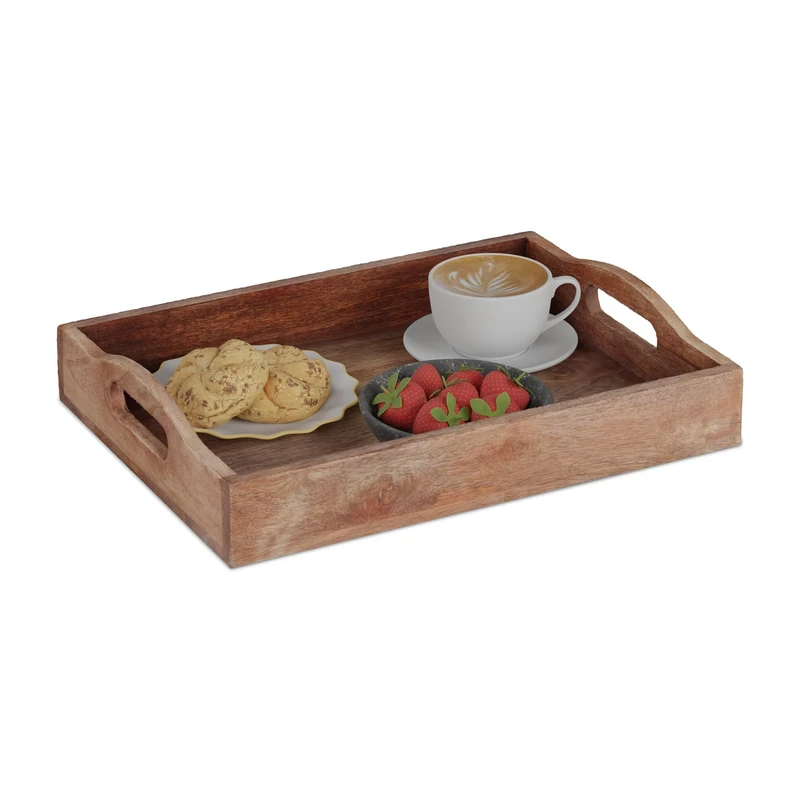 Relaxdays Serving Tray, Mango Wood, Breakfast in Bed, HWD: 8 x 40 x 30 cm, with Handles, High Edge, Rectangular, Brown