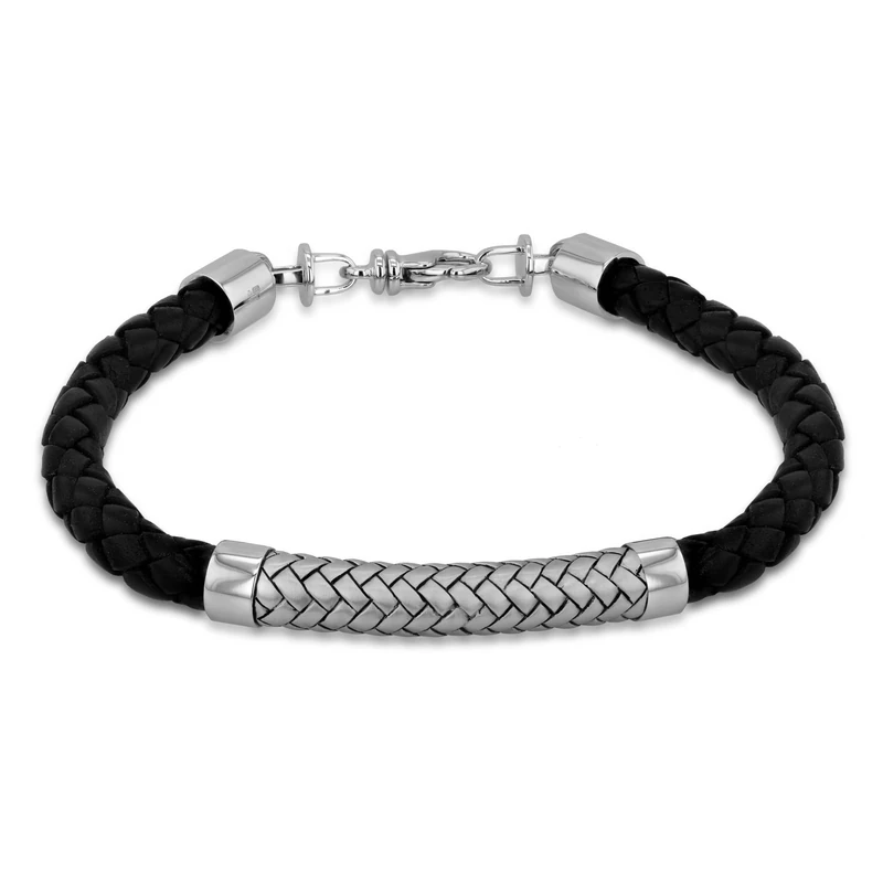 Amazon Essentials Sterling Silver Rhodium Plated Black Leather and Satin Herringbone Bracelet 21.5cm/8.5"