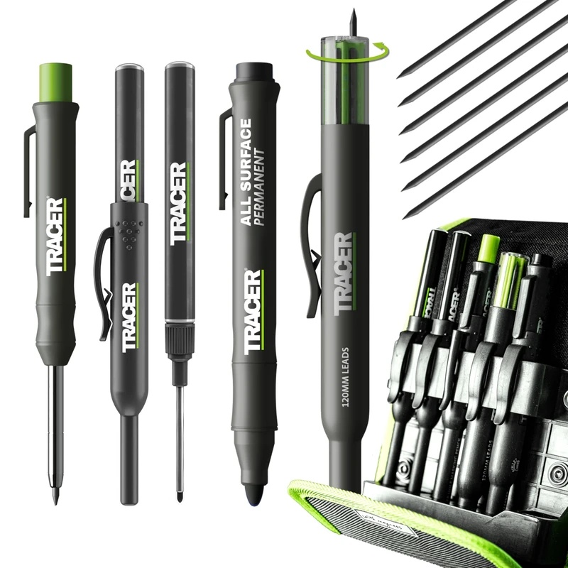 Tracer Pencil 5 Piece Construction Marker Kit with Storage Case - Carpenters Pencil, 2 x Long Nib Markers, Clog-free Marker and Replacement Leads Dispenser