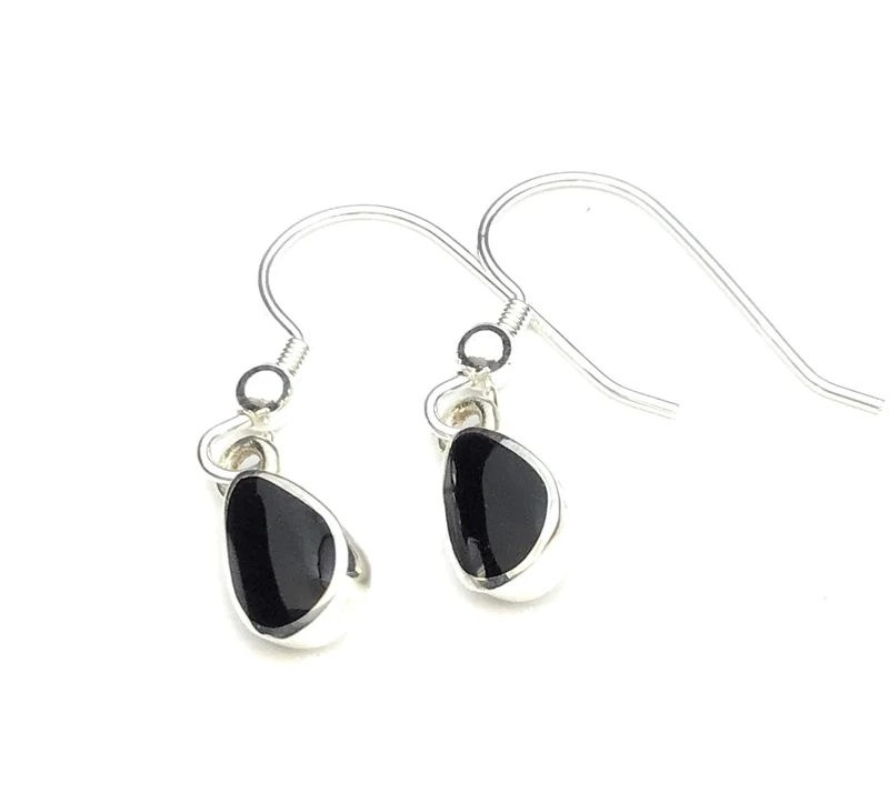 Small Genuine Whitby Jet and Sterling Silver Drop Earrings Handmade in Whitby. - Image 1