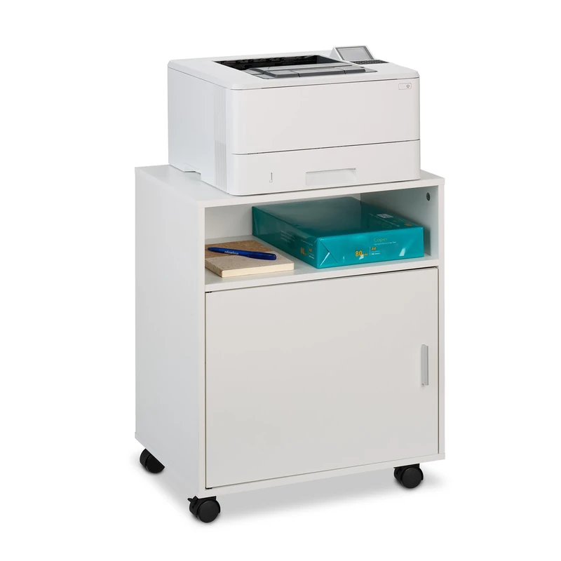 Relaxdays Mobile Filing Cabinet, 3 Compartments, Office Storage, Printer Stand on Wheels, HWD: 57 x 48 x 34 cm, White, Fibreboard