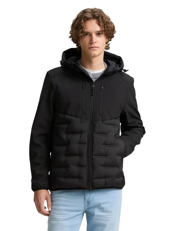 TOM TAILOR Denim Men's 1046265 Hybrid Quilted Jacket with Hood, 29999 - Black, M