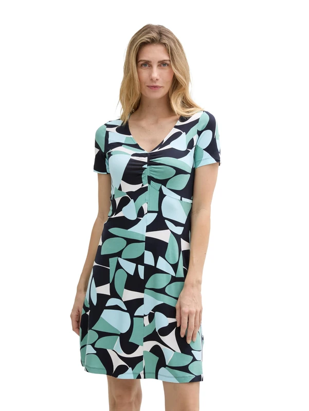TOM TAILOR Women's 1045309 Dress, 37800-Green Dots and Shapes Design, 8