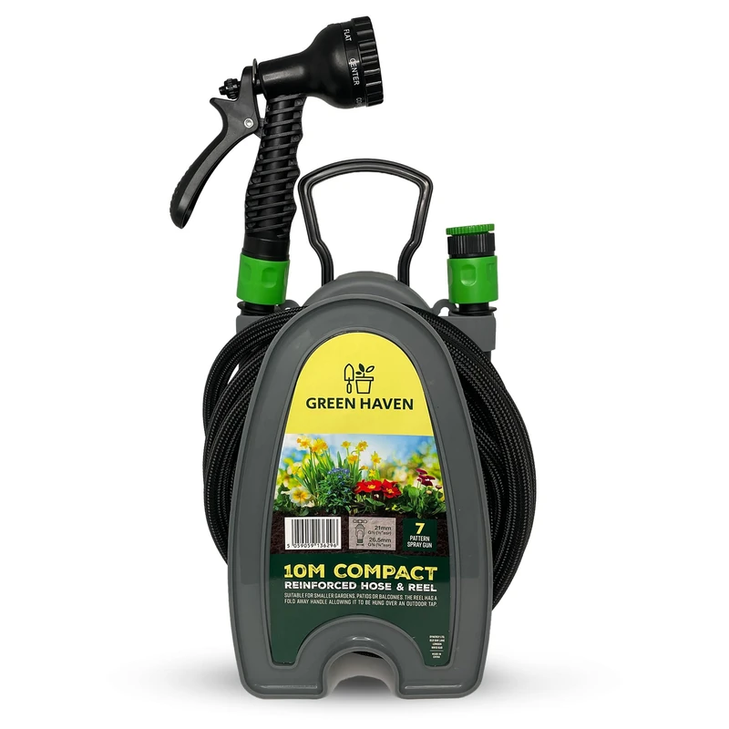 Green Haven Garden Hose Pipe Reel – 10m / 32ft Lightweight Compact Hosepipe with 7-Pattern Spray Nozzle Gun, Easy Wind Mini Hose Reel for Small Gardens, Balconies & Outdoor Cleaning (Reinforced)