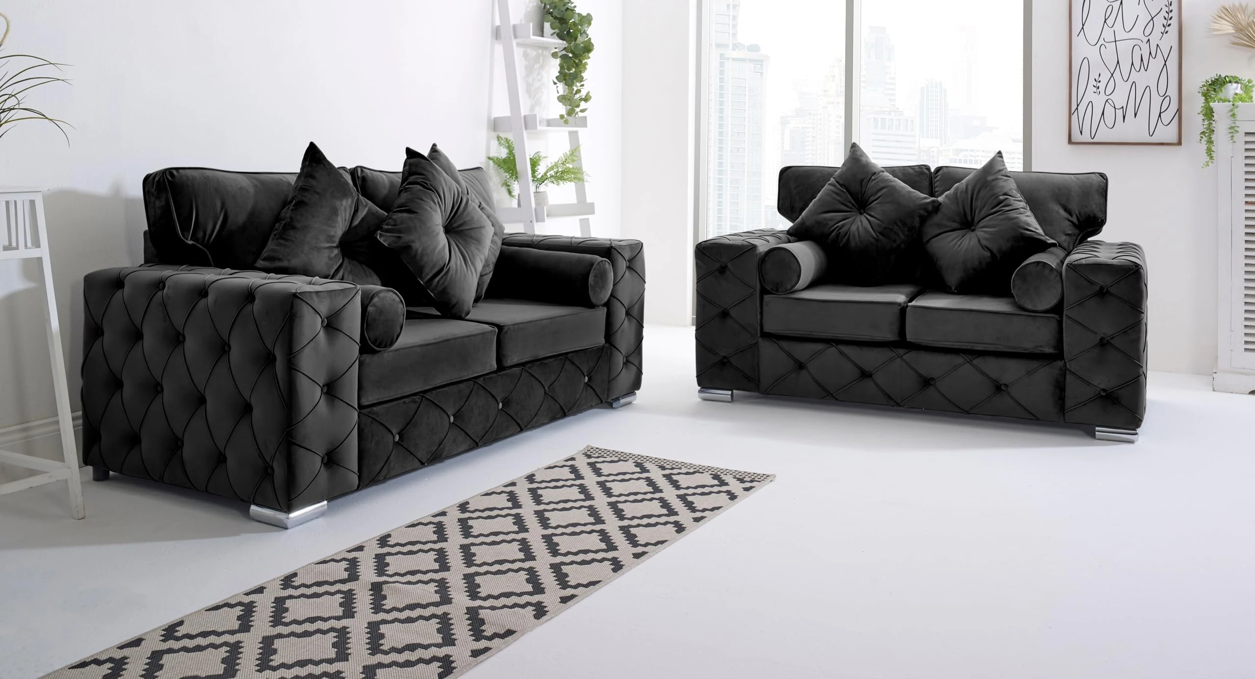 Sofahub Milton Black Plush Velvet Living Room Sofa Set - Button Tufted Design with Foam Seats & Chrome Feet | 2 Seater, 3 Seater, 3+2 & Corner Sofa Options - Fullback Sofa (Black, 3 + 2 Sofa Set)
