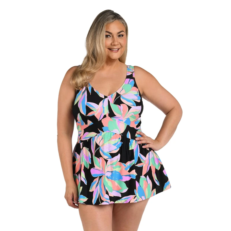 Maxine Of Hollywood Women's V-Neck Swim Dress One Piece Swimsuit, Multi//Glowing Lotus, 18 Plus - Image 1