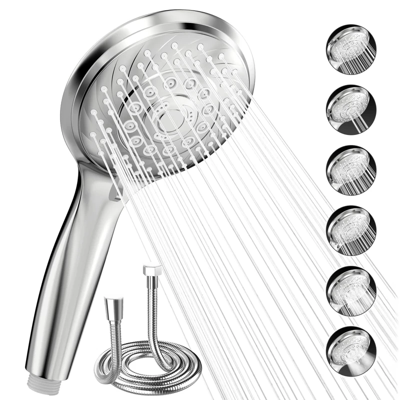 VEHHE Shower Head and Hose 1.5m, High Pressure Shower Heads with 6 Spray Modes, Universal Shower Head with Unique Chrome Panel, Shower Head with Hose Set for Home Gym Spa
