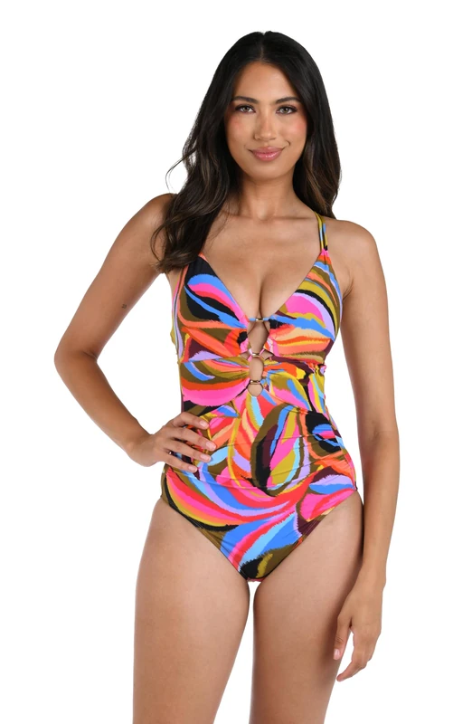 La Blanca Women's Underwire Lace Up One Piece Swimsuit, Multi//Tropical Waves, 14