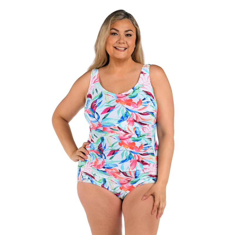 Maxine Of Hollywood Women's Side Shirred Girl Leg One Piece Swimsuit, Multi//Dominica Breeze, 16 Plus