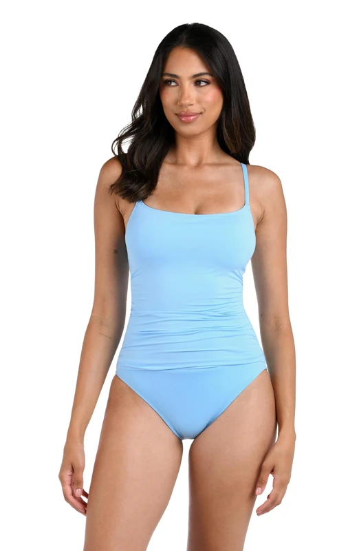 La Blanca Women's One Piece Swimsuit Island Goddess Shirred Side Bathing Suit, Crystal Blue, 10
