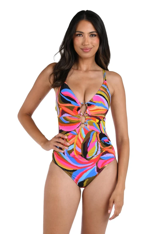 La Blanca Women's Underwire Lace Up One Piece Swimsuit, Multi//Tropical Waves, 4