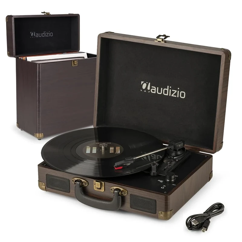 Audizio RP114W Briefcase Record Player with Built-in Speakers, 3-Speed Vinyl Turntable & Matching Record Case – Portable Vinyl Player with RCA Line-Out, AUX Input - vinyl player with built in speaker
