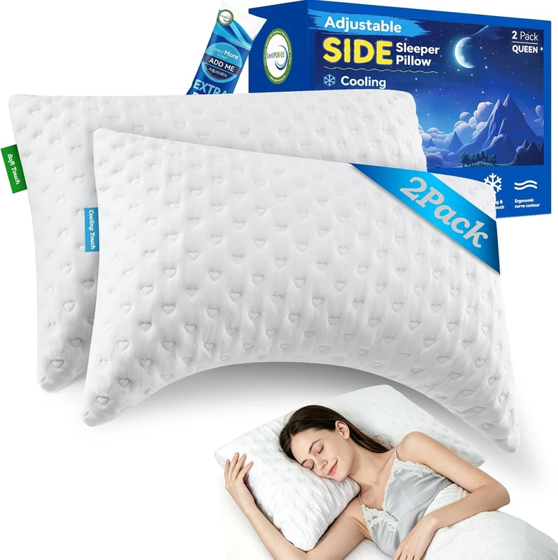 btasleeep Side Sleeper Pillows Adults Neck and Shoulder Pain, Cooling Adjustable Memory Foam Pillows for Sleeping, Soft Bed Pillows Queen Size Set of 2, Curved Pillow with Extra Foam
