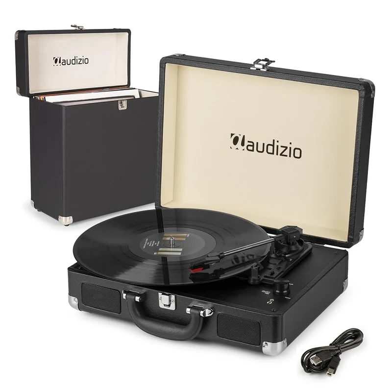 Audizio RP114BK Briefcase Record Player with Built-In Speakers & Vinyl Case - Portable 3-Speed Vinyl Turntable with MP3 Conversion, Record Case for 35 Vinyls - vinyl player with built in speaker