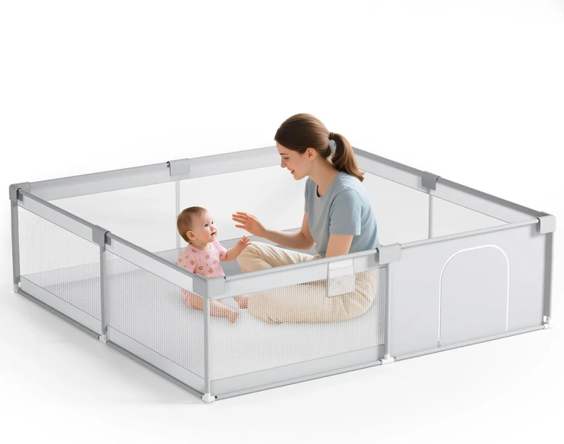 Baby Playpen 200 * 200cm, Large Play Yard with Transparent Mesh Walls and Zip Door, Toddler Fence for Indoor & Outdoor Use with Travel Bag