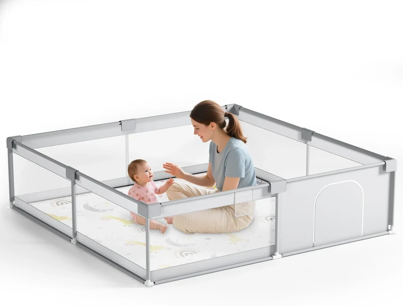 Baby Playpen 200 * 200cm with Mat, Large Play Yard with Transparent Mesh Walls and Zip Door, Toddler Fence for Indoor & Outdoor Use with Travel Bag