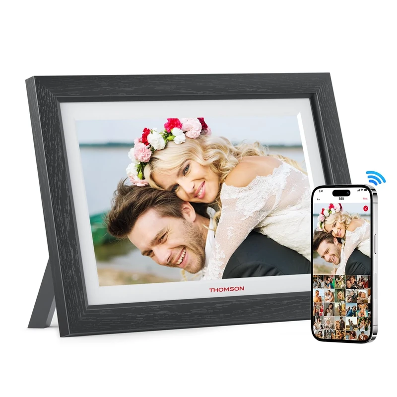 THOMSON 10.1 Inch Digital Photo Frame, WiFi Digital Picture Frames Wooden, Memory 32 GB 1280 x 800 HD IPS Touch Screen, Sharing Music Pictures Videos, Calendar