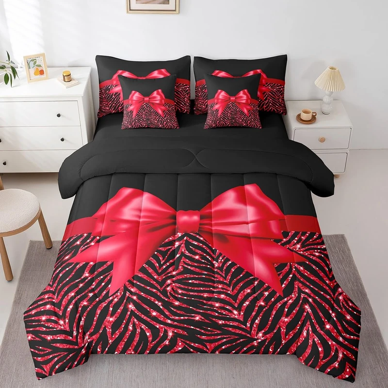 Feelyou Red Bowknot 7 Piece Bedding Set Queen Size Glitter Print Comforter Set with Sheets for Kids Girls Adult Cute Bowknot Bed in a Bag Black Silver Bed Set