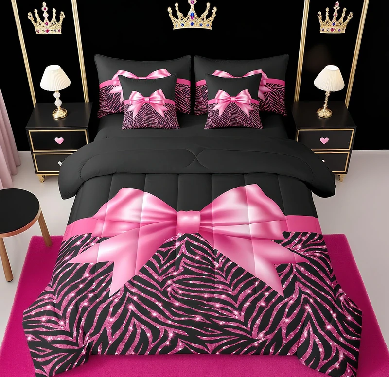 Feelyou Pink Bowknot 7 Piece Bedding Set Twin Size Glitter Print Comforter Set with Sheets for Kids Girls Adult Cute Bowknot Bed in a Bag Black Silver Bed Set
