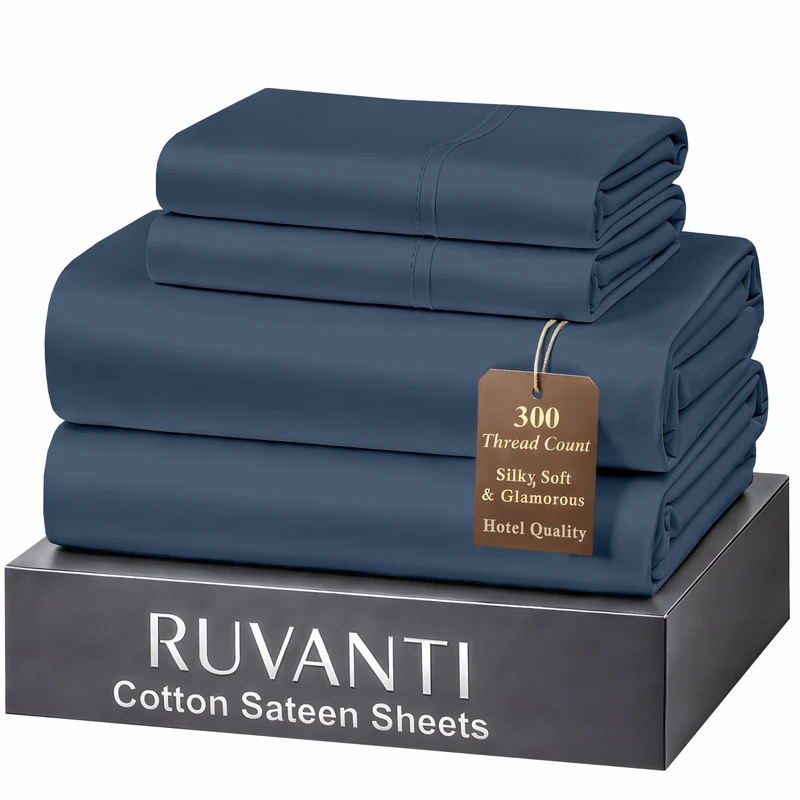 Ruvanti 100% Cotton Sheets King Size Bed Set - 300 Thread Count Silky Soft Sateen Weave, Cooling, Lightweight & Breathable, 16" Deep Pocket, Durable & Luxury Satin-Like, 4 Piece, Dark Blue