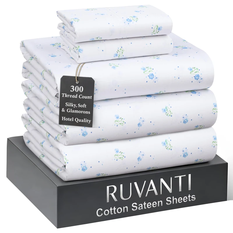 Ruvanti 100% Cotton Sateen Sheets Split King Size, Floral Tossed
