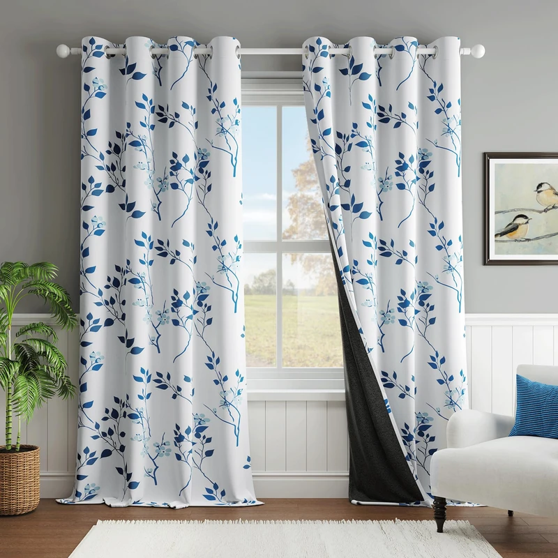 Beauoop Floral 100% Blackout Curtains for Bedroom Navy Blue 52X90 2 Panels