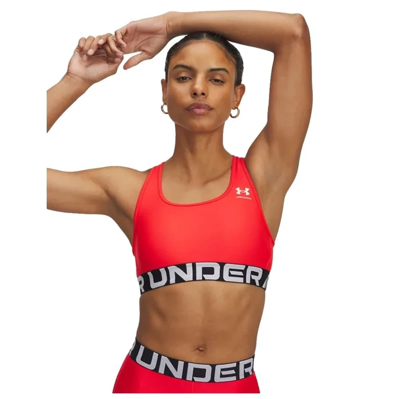 Under Armour Women's HeatGear Mid-Impact Branded Sports Bra, Racer Red/White, L