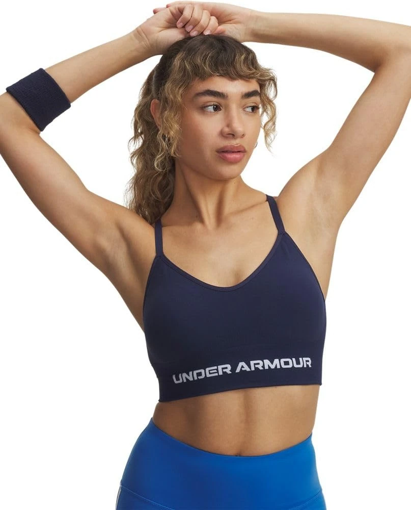 Under Armour Women's Vanish Seamless Low Bra, Low-Impact Sports Bra for Training, Yoga and Pilates, Ladies' Gym Wear with Removeable Cups,Washed Navy / / White,XL