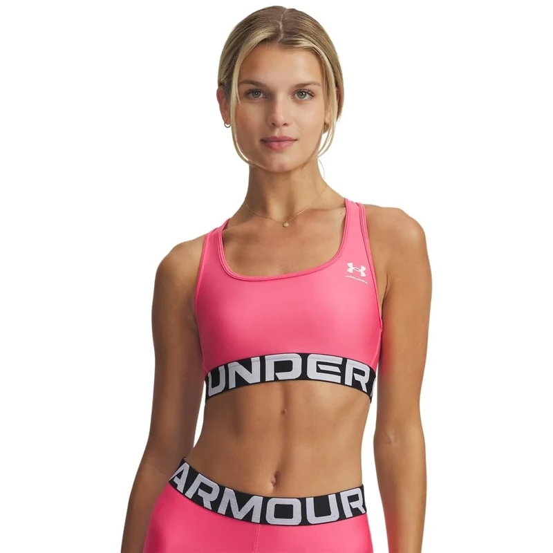 Under Armour Women's Heat Gear Mid Branded, Medium-Support Sports Bra with 4-Way Stretch Material, Gym Bra with Double-Lined Coverage,Super Pink / / White,LG