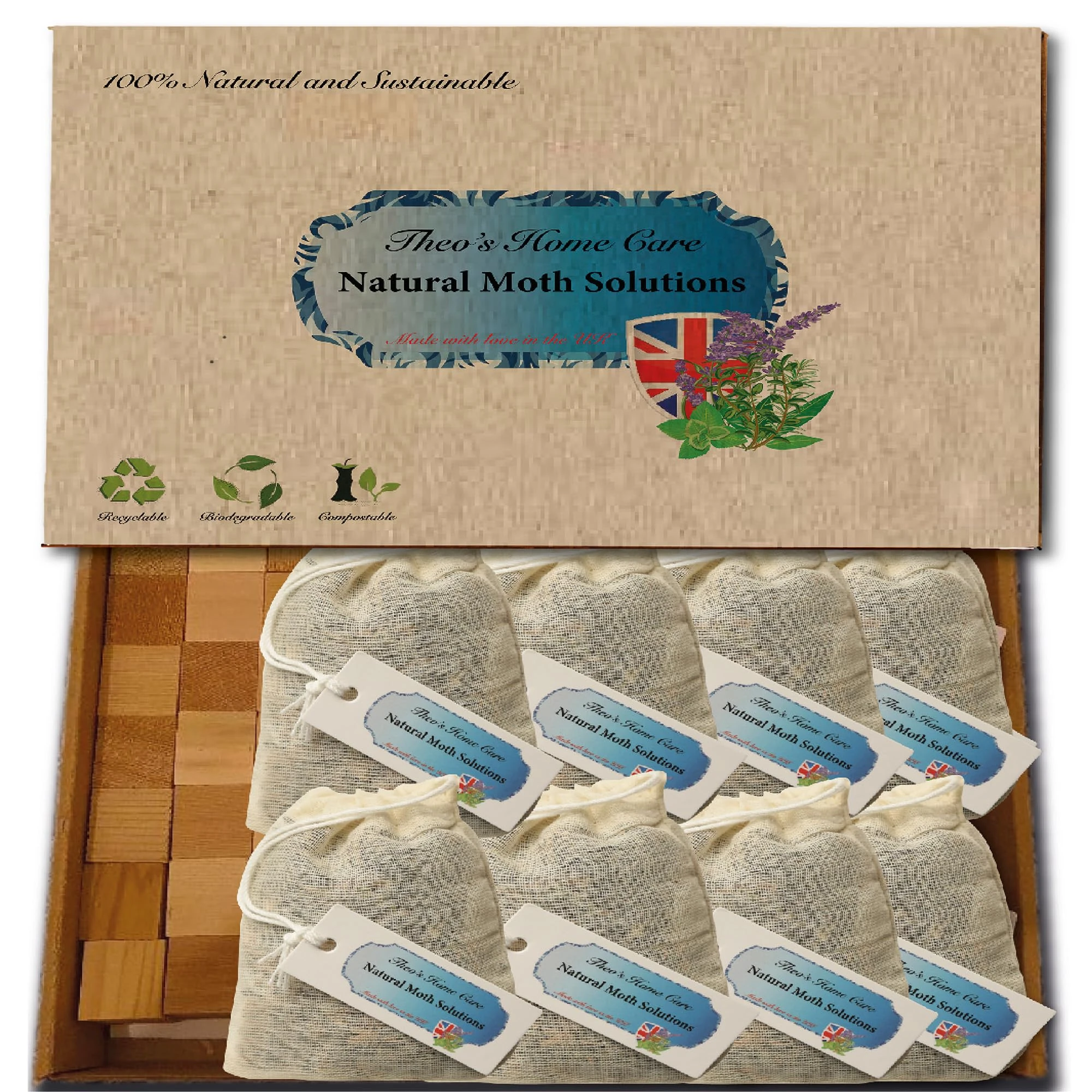 Theo's Home Care Natural Moth Repellent Sachets with Cedar Cubes, 8 Muslin Bags with Lavender, Eucalyptus and Bay Leaf
