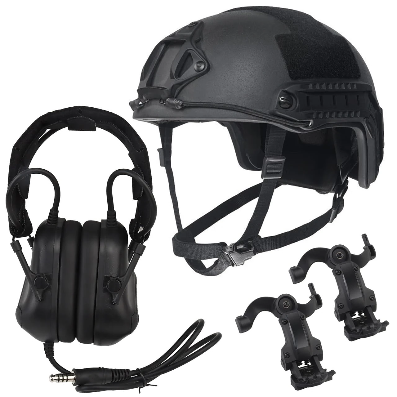 WQZXM Outdoor Tactical Fast Ballistic Helmet Sets With Airsoft Headset Game Sets Ballistic Side Rail NVG Helmet Airsoft Game Protective Gear For Air Gun Paintball Shooting CS(Black)