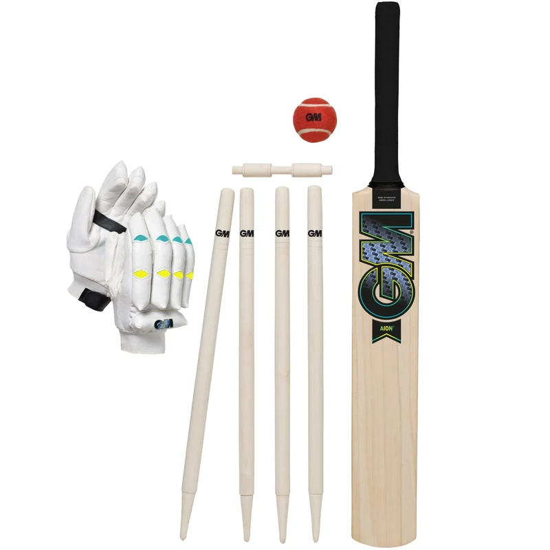 GM | Young Gunn Cricket Set | Aion | Wooden Cricket Bat, Soft Ball, Batting Gloves, Stumps & Bail and Carry Bag | Size 4 Suitable for Players 144-150cm / 4' 8" - 4' 11" | Gunn & Moore