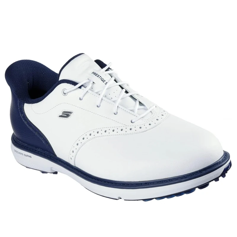 Skechers Men's Prestige Slip-in Arch Fit Golf Shoe Sneaker, White/Navy Spikeless, 7.5