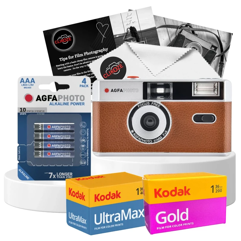 35mm Film Camera Bundle with AgfaPhoto 35mm Reusable Film Camera, Camera Film Kodak Ultramax 400 36exp, Kodak Gold 200 36exp, Battery and Clikoze Lens Cloth with Camera Photography Tips Card (Brown)
