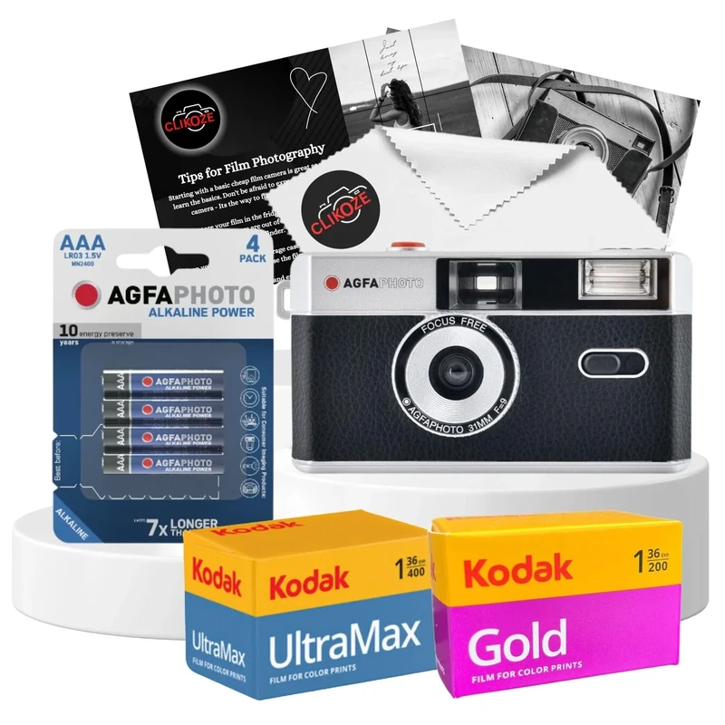35mm Film Camera Bundle with AgfaPhoto 35mm Reusable Film Camera, Camera Film Kodak Ultramax 400 36exp, Kodak Gold 200 36exp, Battery and Clikoze Lens Cloth with Camera Photography Tips Card (Black)