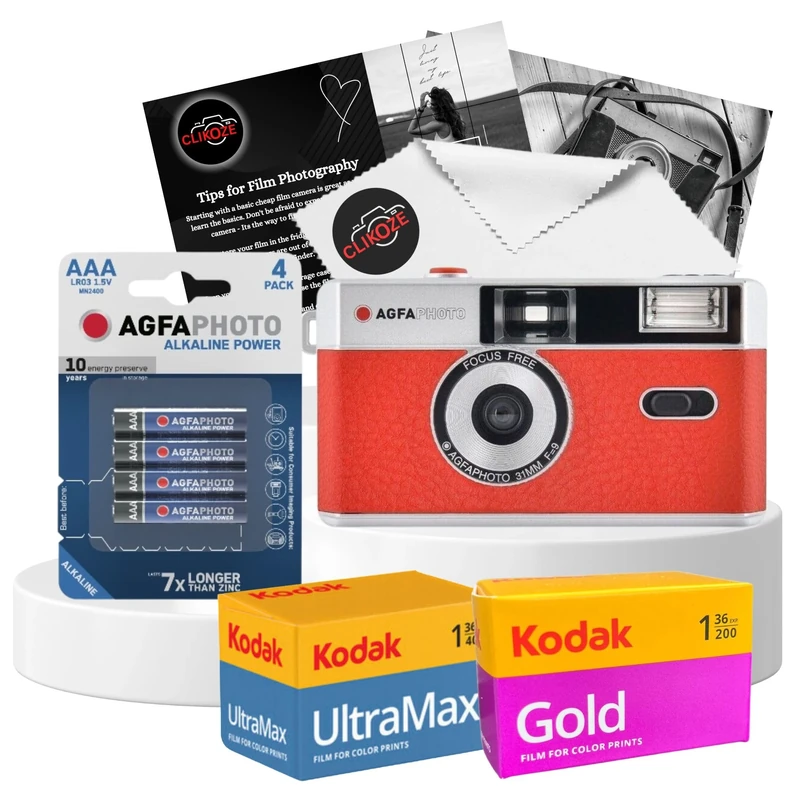 35mm Film Camera Bundle with AgfaPhoto 35mm Reusable Film Camera, Camera Film Kodak Ultramax 400 36exp, Kodak Gold 200 36exp, Battery and Clikoze Lens Cloth with Camera Photography Tips Card (Red)